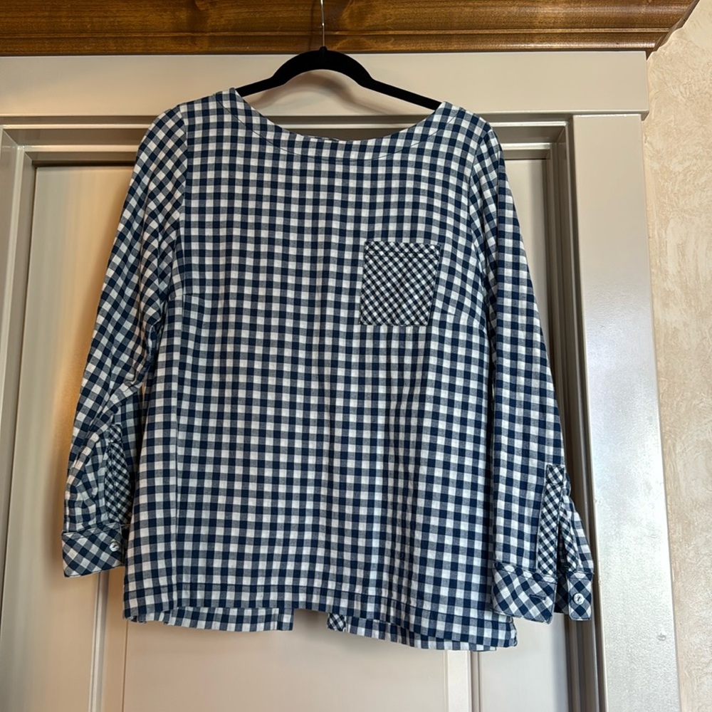 J. Jill Womens Blue Gingham Long-Sleeve Button-Back Top Blouse Medium